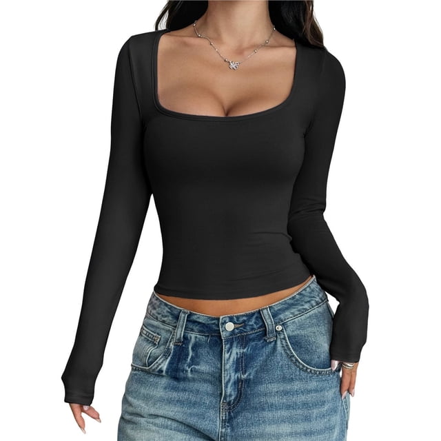 Camisas de Larga para Mujer, Tops Cortos, Cuello Cuadrado, Camisetas Básicas para Salir, Ropa de Invierno Y2K 2025 Negro S