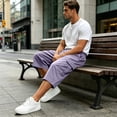 thumbnail image 3 of Nestiefly Men's Capri Cargo Casual 3/4 Shorts Elastic Waist Drawstring Wide Leg Below Knee Sweatpants Baggy with Pockets Light Purple XL, 3 of 7