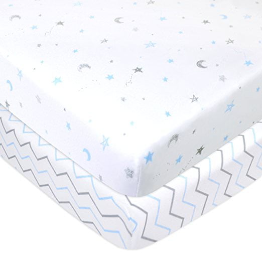 American Baby Company Printed 100% Natural Cotton Jersey Knit Fitted Pack N Play Playard Sheet, Soft Breathable, for Boys and Girls, Blue Stars/Zigzag - Pack of 2