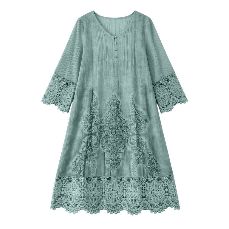tunic dress boho Y-Sunset Women's V Neck 3/4 Sleeve Lace Trim Midi Washed Dress Vintage Loose Fit Peasant Dress ,Shopping for Dresses(Green/XXXL) burgundy blazer