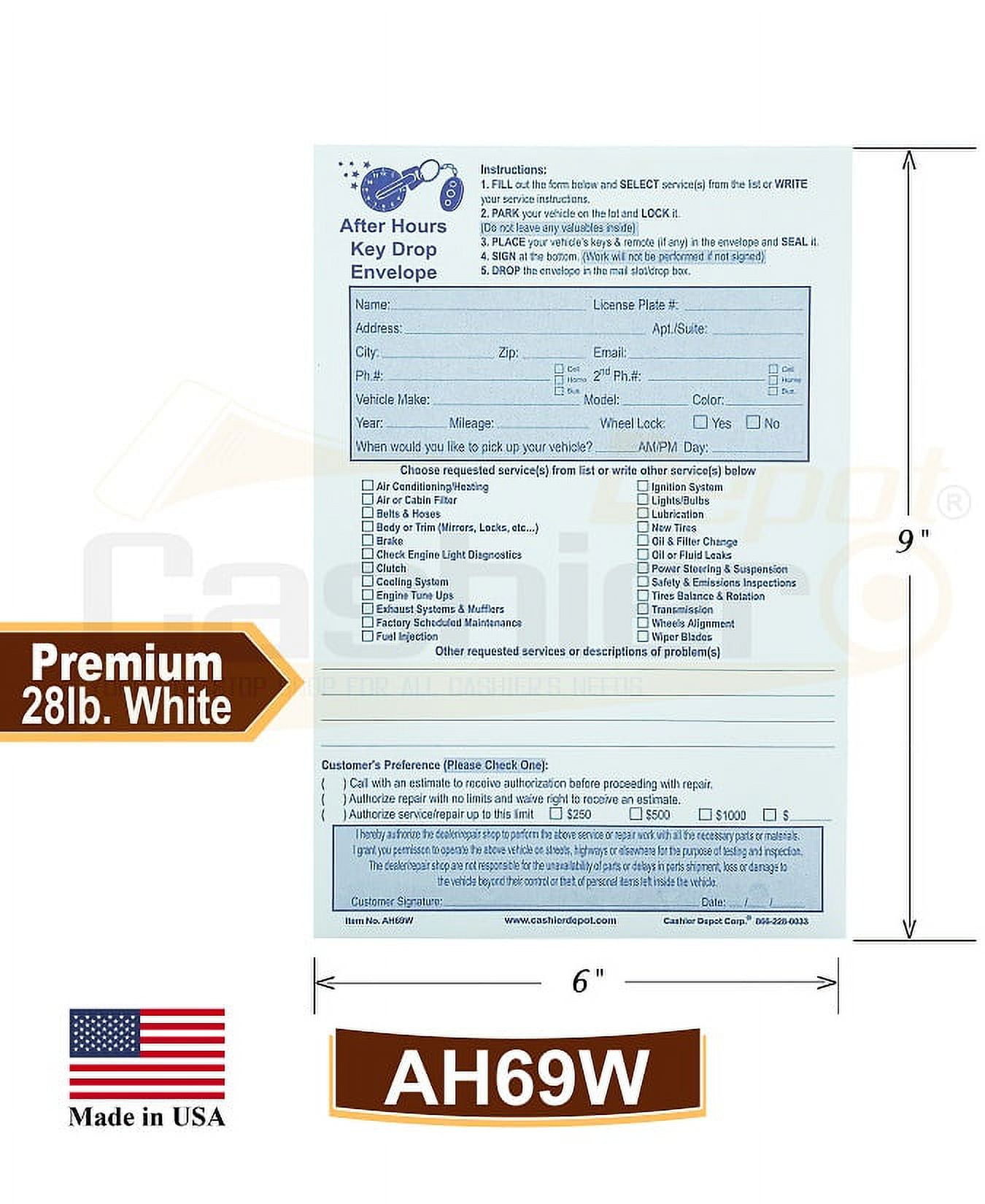 500 Cashier Depot Night / After Hours Key Drop Envelope For Auto Shop Repair or Service, 6" x 9", Peel & Seal, Open End, Premium 28LB White, 500/Box