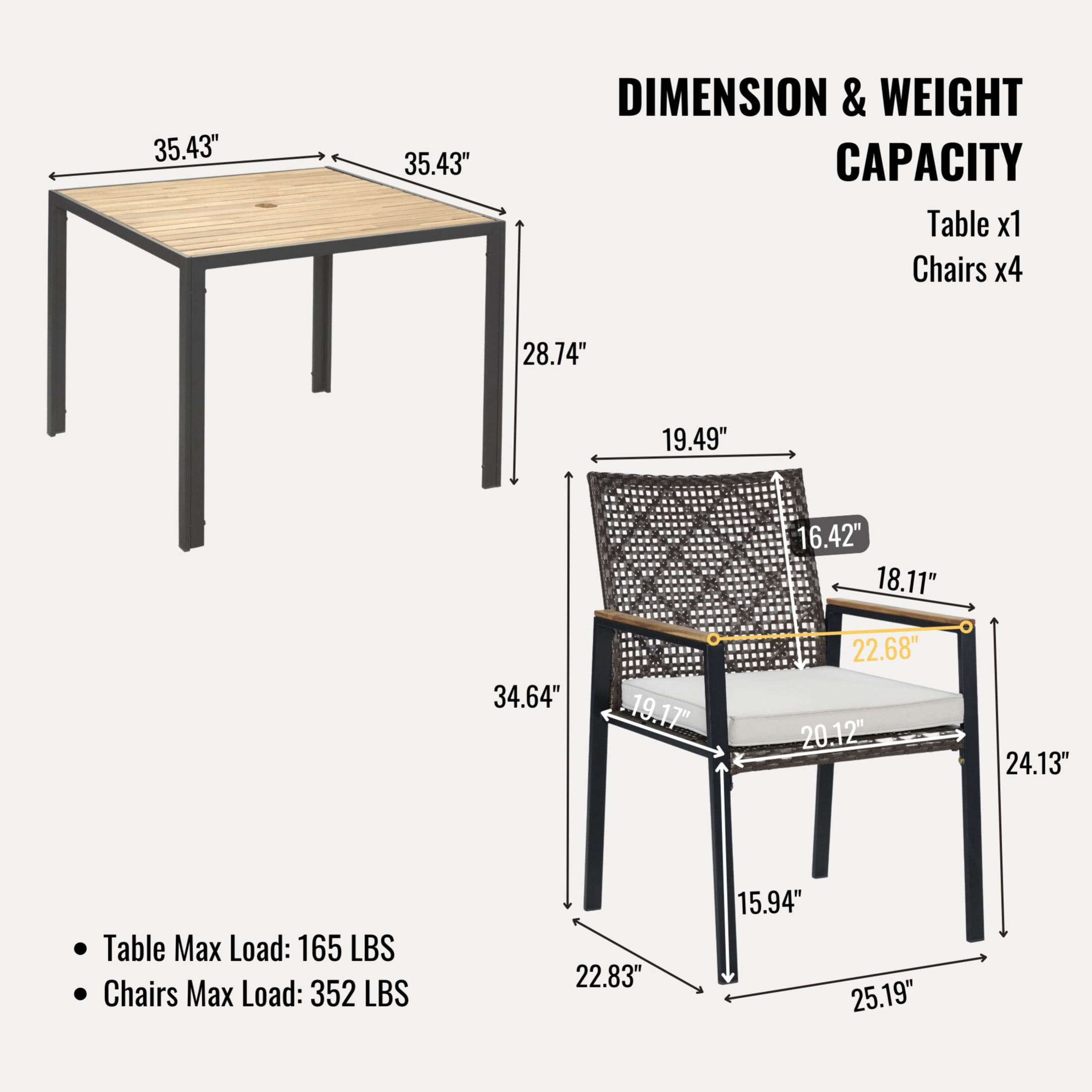 Noble House 5-Piece Outdoor Patio Dining Set, Acacia Wood & Rattan Conversation Set with Umbrella Hole, Dark Brown