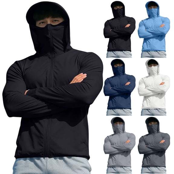 LEKWK Sun Protection Tops for Men Long Sleeve Hooded Face Cover Sun Shirt Quick Dry Lightweight Breathable UPF Protection Thumb Hole Outdoor Hiking Wear Black XL
