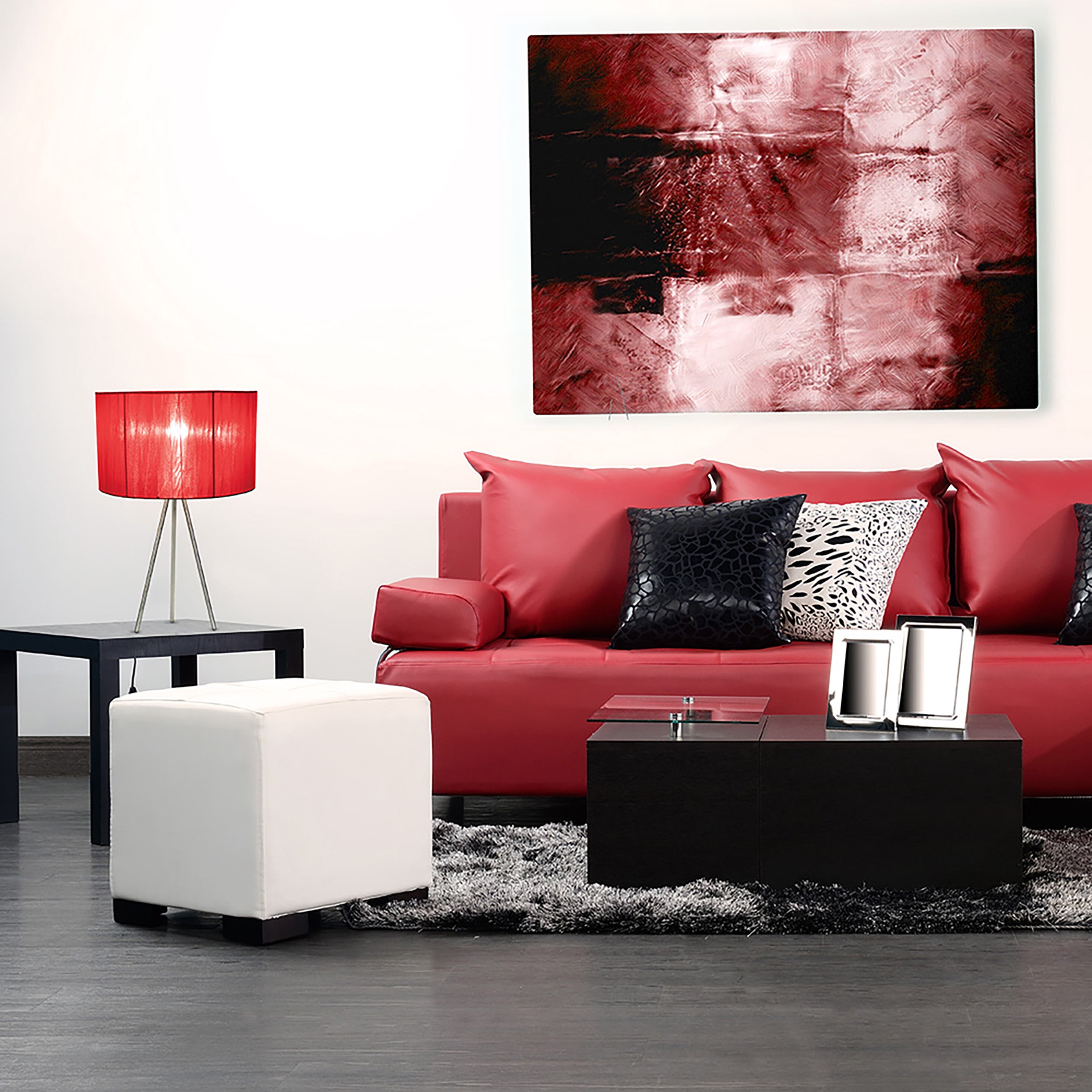 Simple Designs 19.69" Brushed Nickel Tripod Table Lamp and Pleated Silk Sheer Shade with LED Bulb, Red