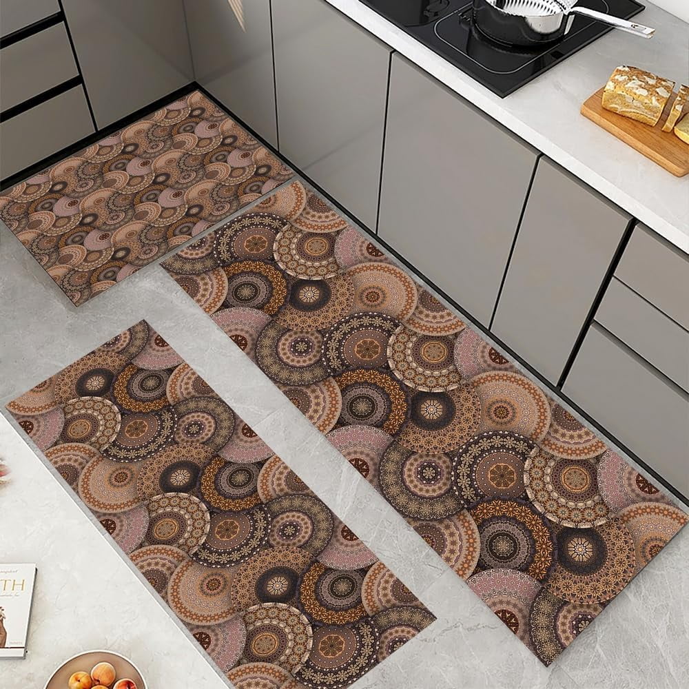 Farmhouse Kitchen Rugs Sets 3 Piece with Runner Soft Kitchen Floor Mat Brown Floral Rugs Boho Rugs for Bedside Kitchen Carpet and Rugs Non Slip Washable for Bathroom Entryway Front Door Laundry