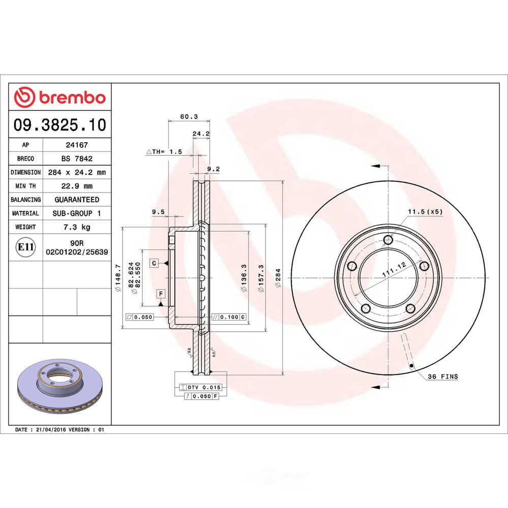 Brembo 09.3825.10 Disc Brake Rotor Fits select: 1994-1996 JAGUAR XJS 2+2, 1987-1990 JAGUAR XJS