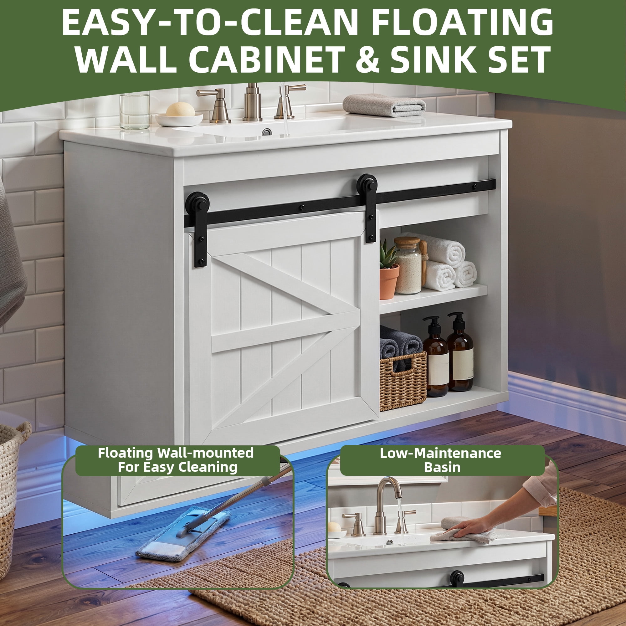 Uforic 24 Inch Farmhouse Floating Bathroom Vanity with Ceramic Sink, 7-Color LED Ambient Light & Sliding Barn Door for Small Compact Bathroom Spaces, White