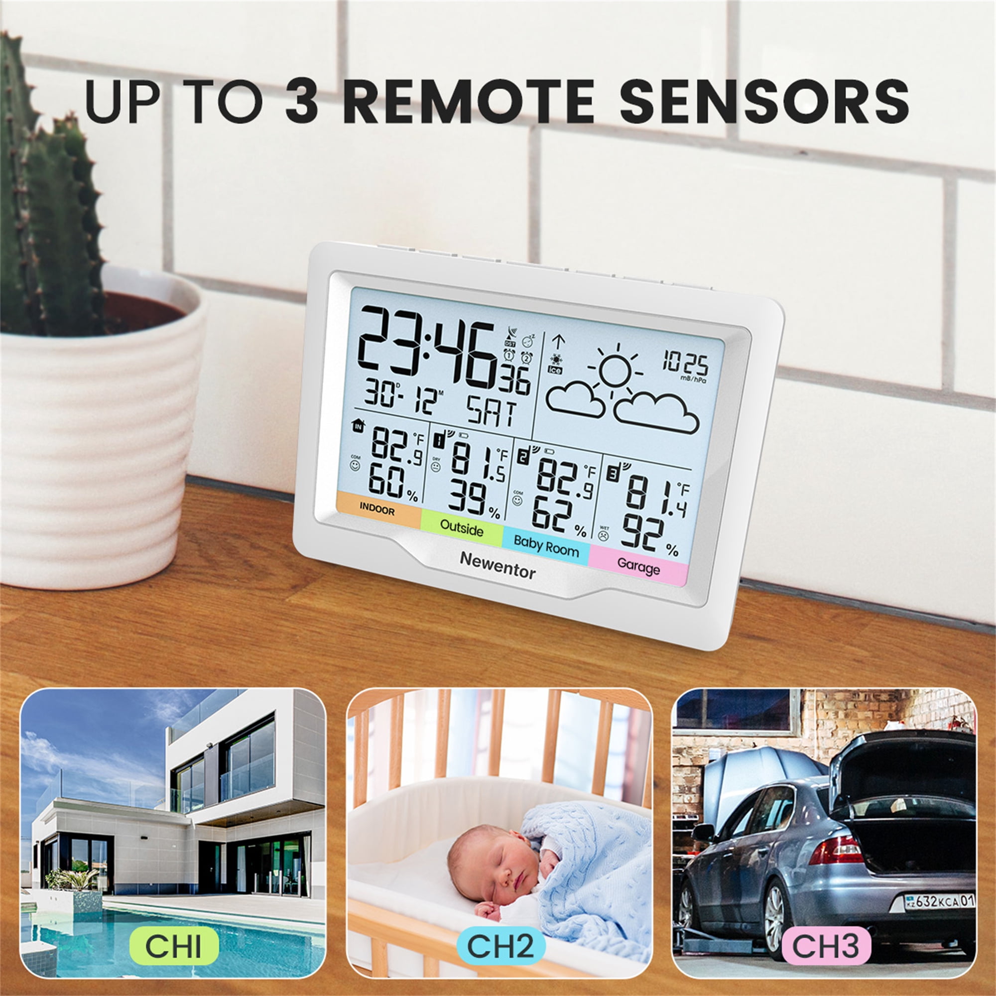 Weather Station Wireless Indoor Outdoor Thermometer with 3 Outdoor Sensor, White