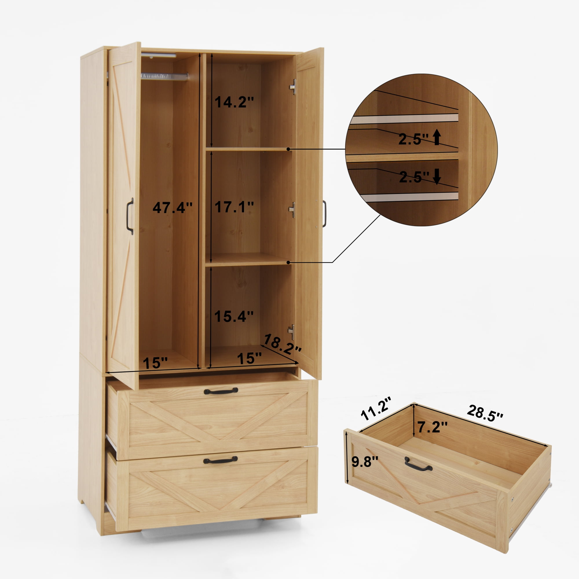 72" Tall 2 Doors Armoire Wardrobe Closet with 2 Drawers and Mirror, Multifunctional Wooden Wardrobe Storage Cabinet with Induction Light for Bedroom,Natural