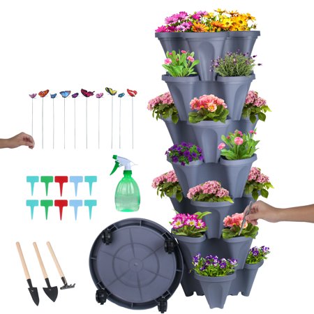 7 Tier Stackable Planter Vertical Garden With Various Accessories for Vegetables  Flowers  Herbs  Succulents  Microgreen Gardening - Dark Gray