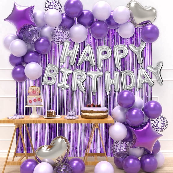JOYYPOP Birthday Party Decorations Set, Purple and Silver Balloons with Happy Birthday Banner and Foil Fringe Curtain for Women Girls Birthday Party