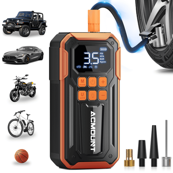 Acmount Tire Inflator, 160PSI Air Pump For Car Tires, 10000mAh Rechargeable Fast Inflation Tire Pump with LED Light and Auto Shut-Off Function for Car, Motorcycle, Bicycle, Balls(Orange)