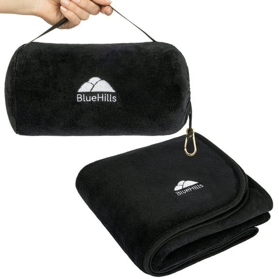 BlueHills Travel Blanket Rolled Premium Soft Plush Airplane - Black
