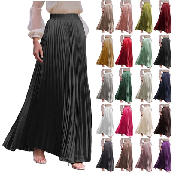 Women’s High Waisted Pleated Maxi Skirt, Elastic Waist Flowy Long Skirt for Casual Work Office Travel Daily Wear