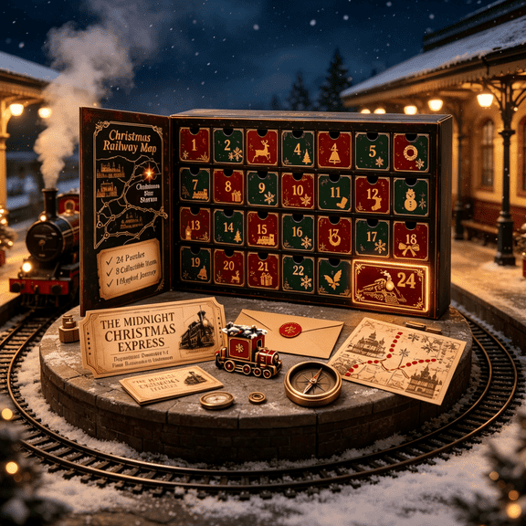 24-Day Mystery Adventure Advent Calendar, 24 Days Clue Puzzle Countdown Box, Interactive Escape Room Style Story Game, Holiday Collectible Gift for Mystery & Puzzle Enthusiasts (Mystery Train)