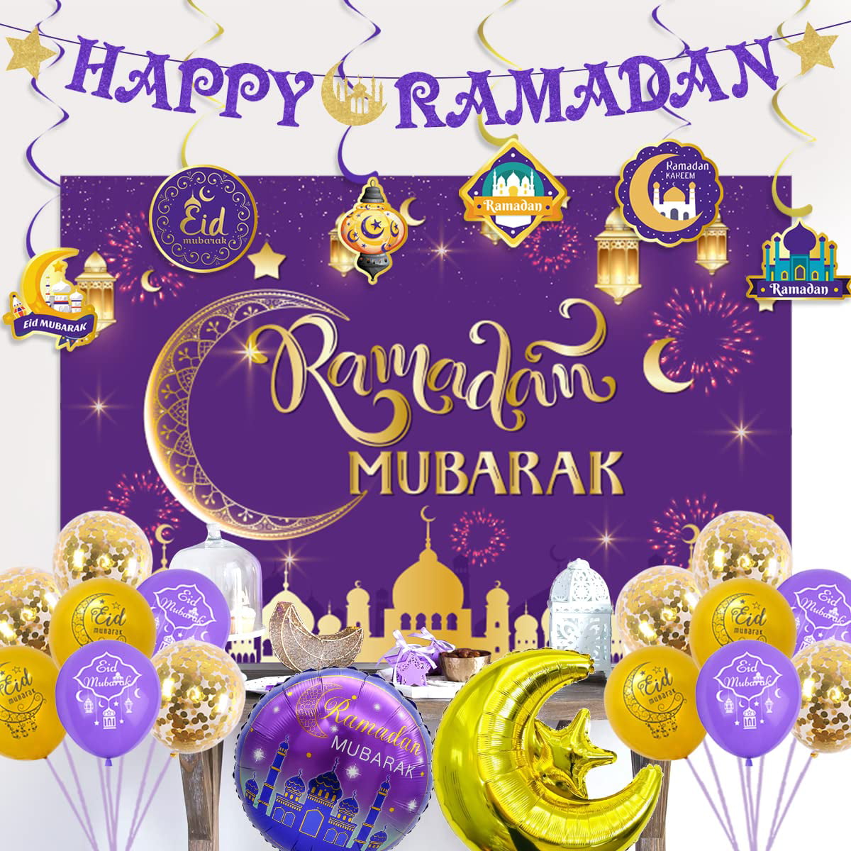 Eid Mubarak Decorations Eid Mubarak Banner 2023 Eid Ramadan Decorations Eid  Ramadan Balloons Decorations Purple for Home Ramadan Hanging Swirls Paper  Fans Muslim Islamic Decorations 