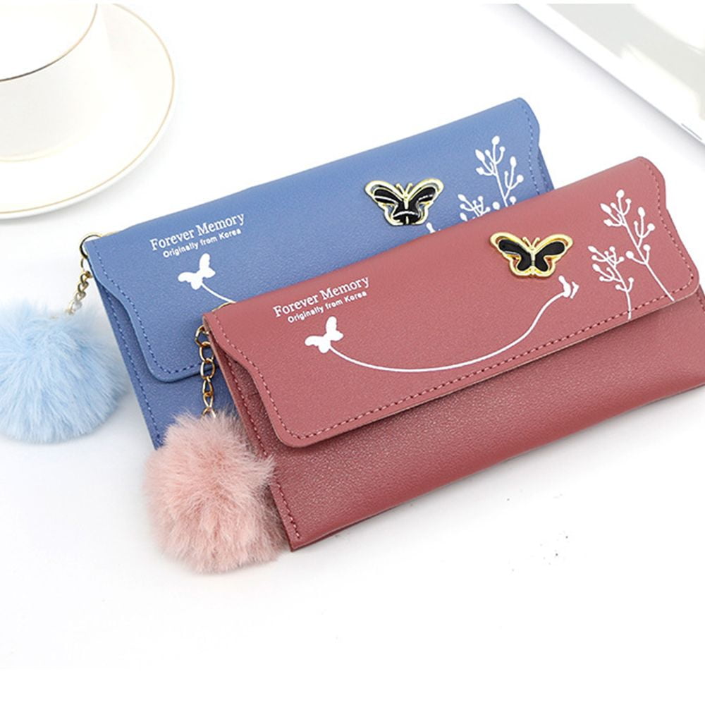 Fashion Design Simple Solid Color Card Bag Coin Purse Butterfly Korean  Style Wallets Bow Clutch Bag Plush Ball Women Wallets PINK