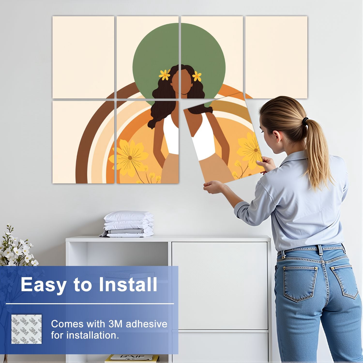 8 Pack Art Acoustic Panels Sound Absorbing Bohemian Floral Woman Nature Decorative Soundproof Wall Panels Self Adhesive for Nursery Game Room Bedroom 48"x32"
