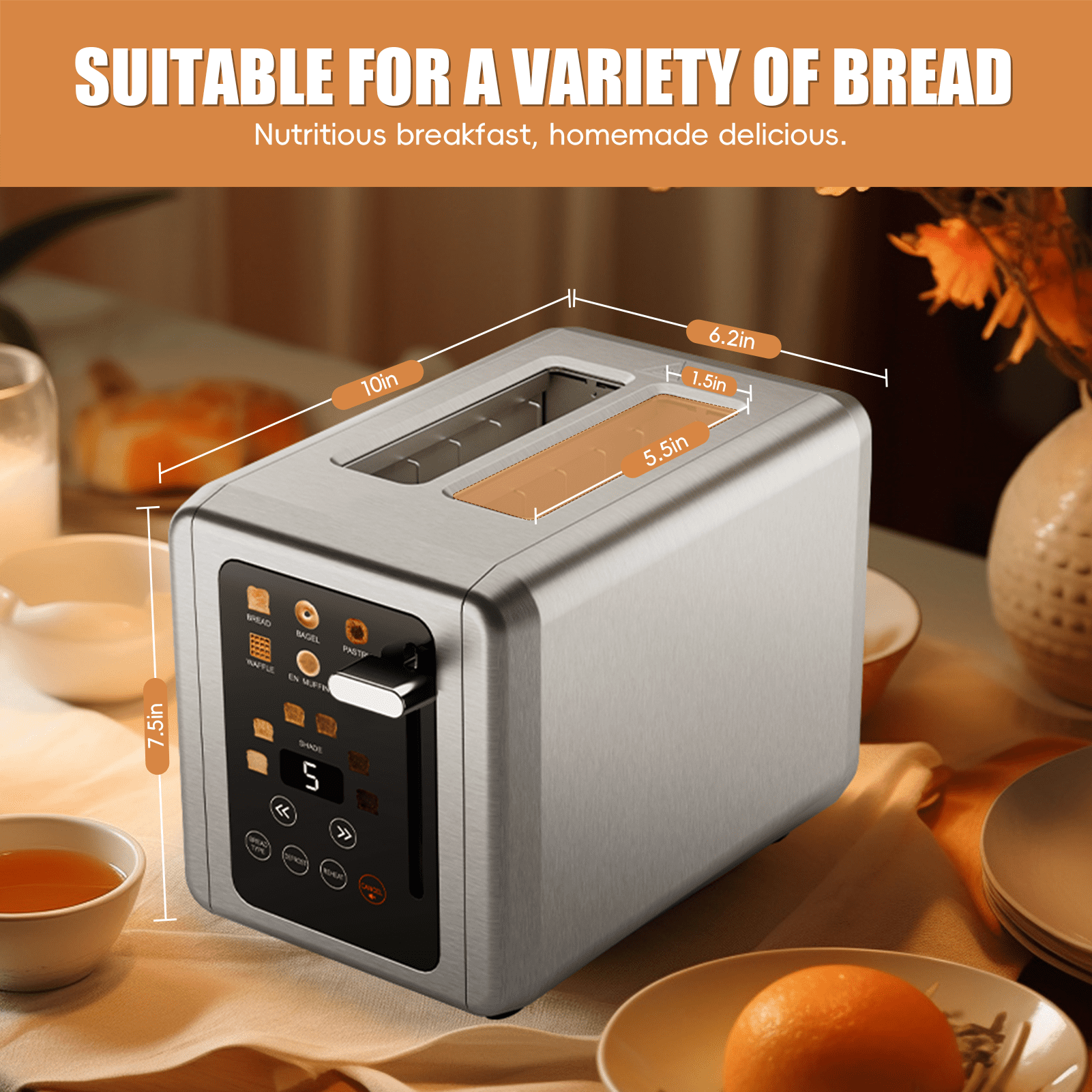 WHALLULTRA Touchscreen Toaster 2 Slice, Stainless Steel, 1.5 " Wide Slots, Bagel, Defrost, 850W