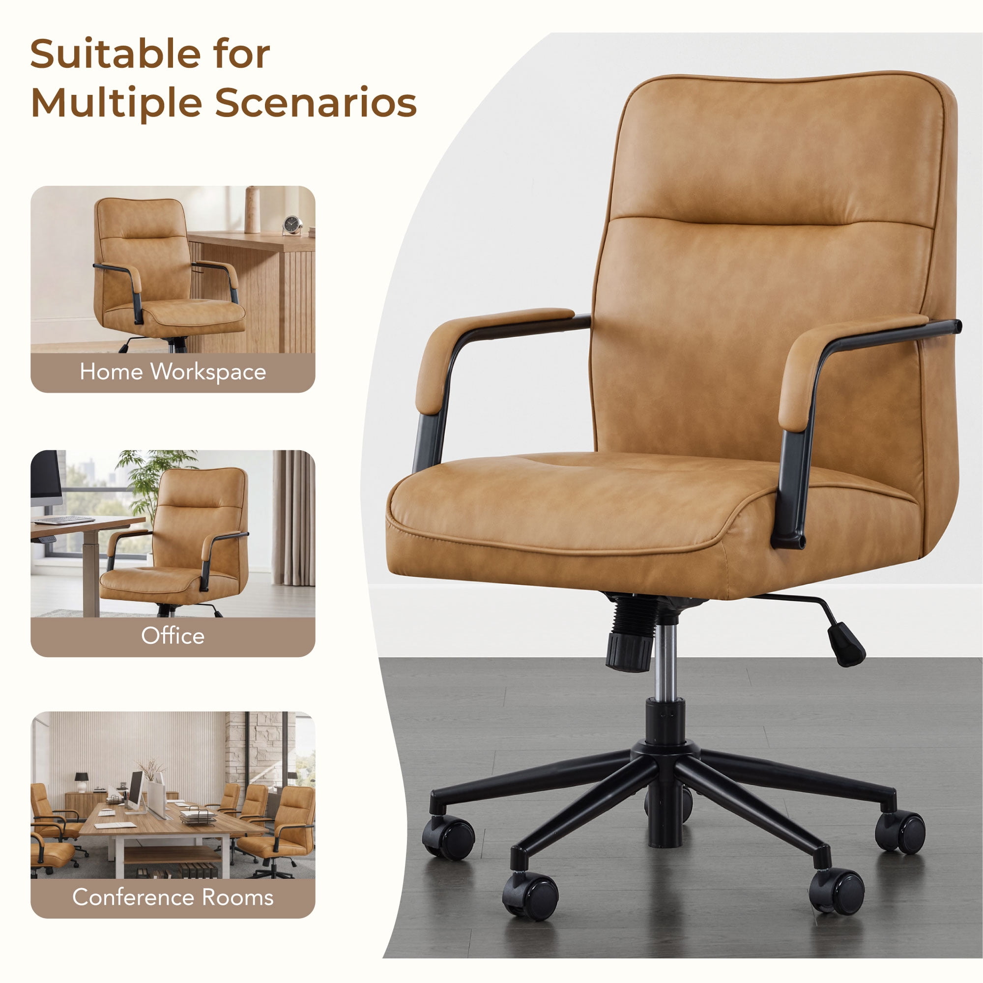 Spruce & Spring Upholstered Swivel Office Chair with Ergonomic High Back, Metal Frame & Upholstered Arms, Saddle Brown Faux Leather