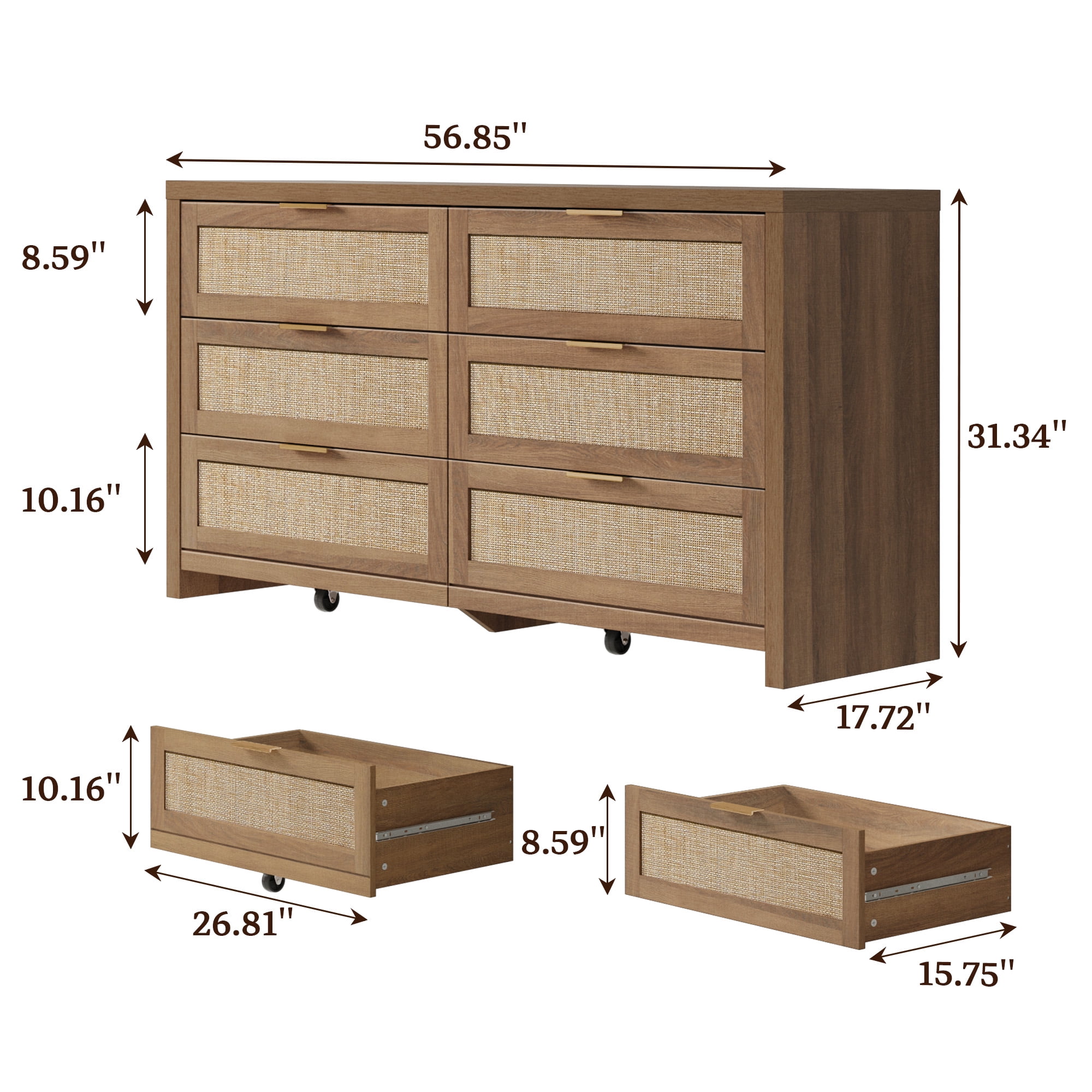 Surmoby Boho Dresser Set - 56.85" Wide 6-Drawer Storage with Rattan & Gold Handles for Master Bedroom or Living Room (Heavy Duty, Easy Assembly)