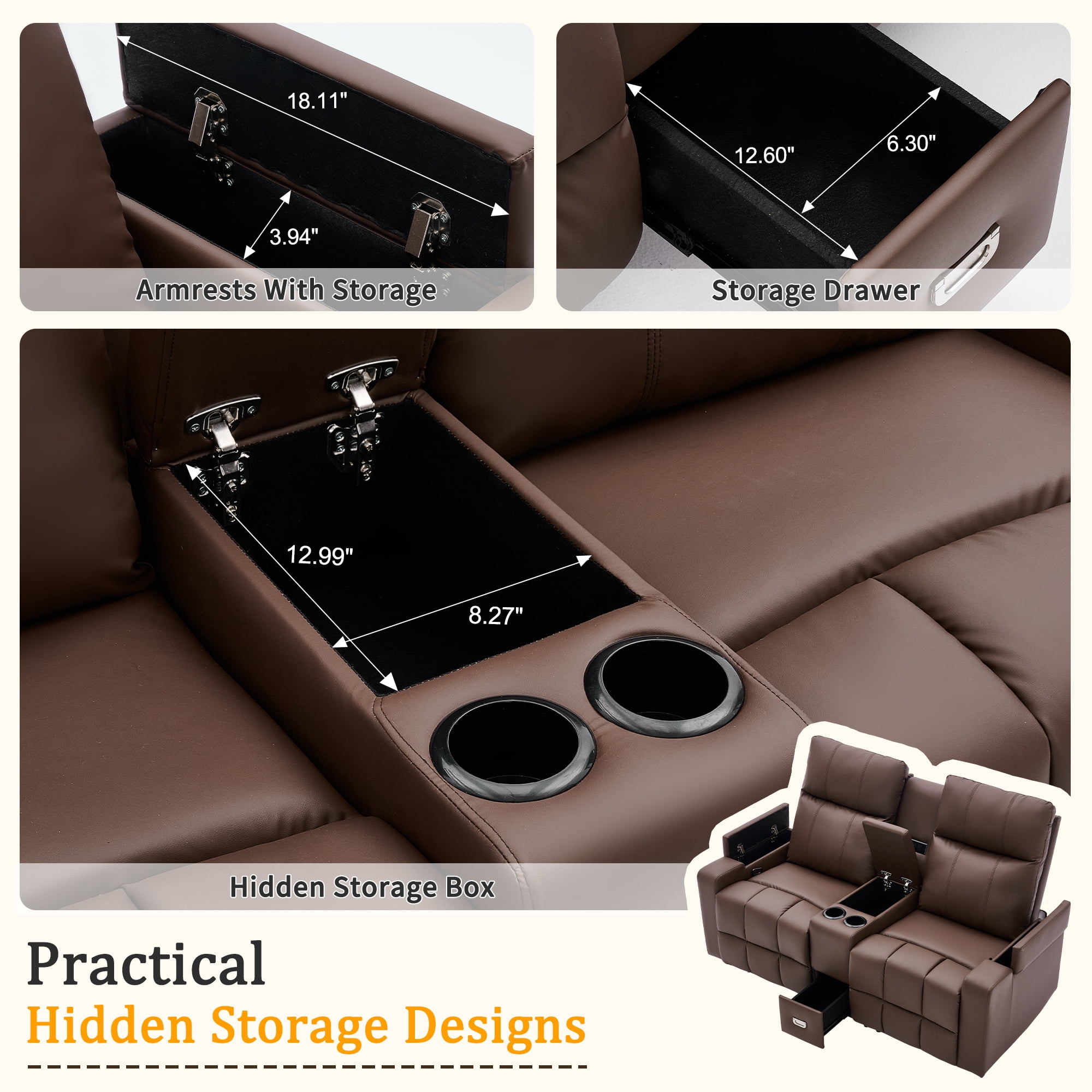 Korser Reclining Loveseat with Cup Holders,2-Seater Recliner Sofa with USB Ports & Type C Double Manual Recliner Chair for Living Room,Faux Leather,Brown