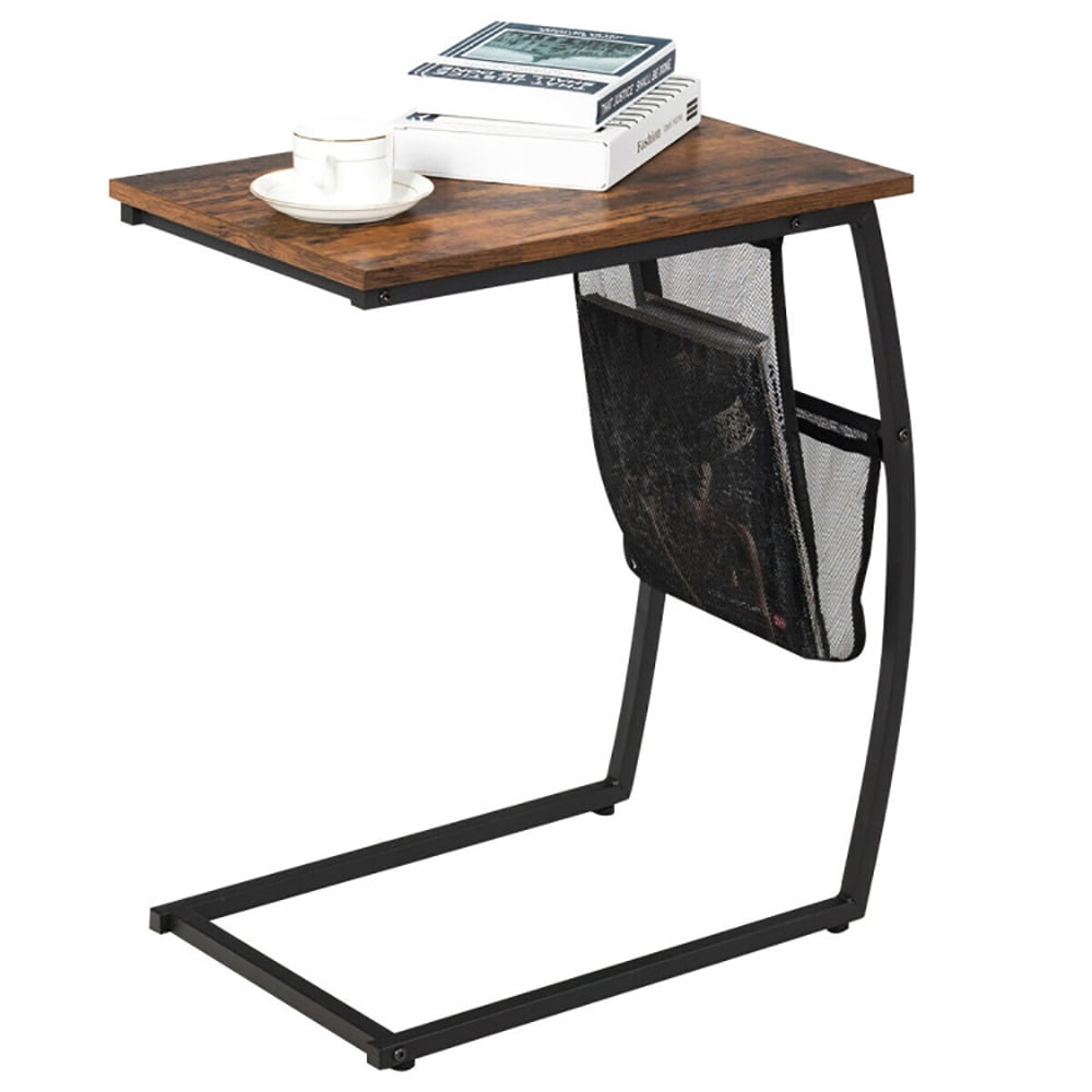 Finihen End Table, C-shaped Vintage End Table with Side Pocket and Metal Frame, Sofa Side Table, Bed Side Table, for Living Room, Bedroom, Black Finihen End Table, C-shaped Vintage End Table with Side Pocket and Metal Frame, Sofa Side Table, Bed Side Table, for Living Room, Bedroom, Black