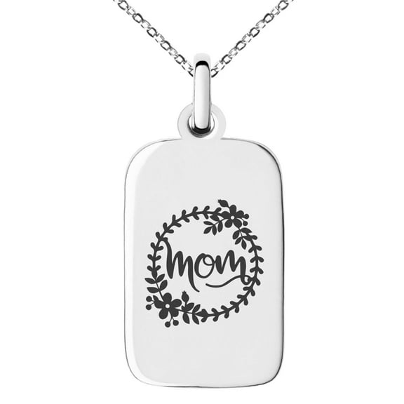 Tioneer Stainless Steel Mom Floral Wreath Small Rectangle Dog Tag Charm Pendant Necklace