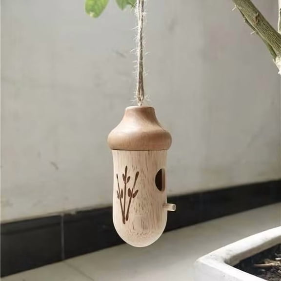 Wooden Hummingbird House for Outdoor Hanging,Small Bird House with Bow and String Decoration,Cute Gardening Gift for Bird Lovers,Natural Wood Shelter Attracts Hummingbirds to Patio or Garden