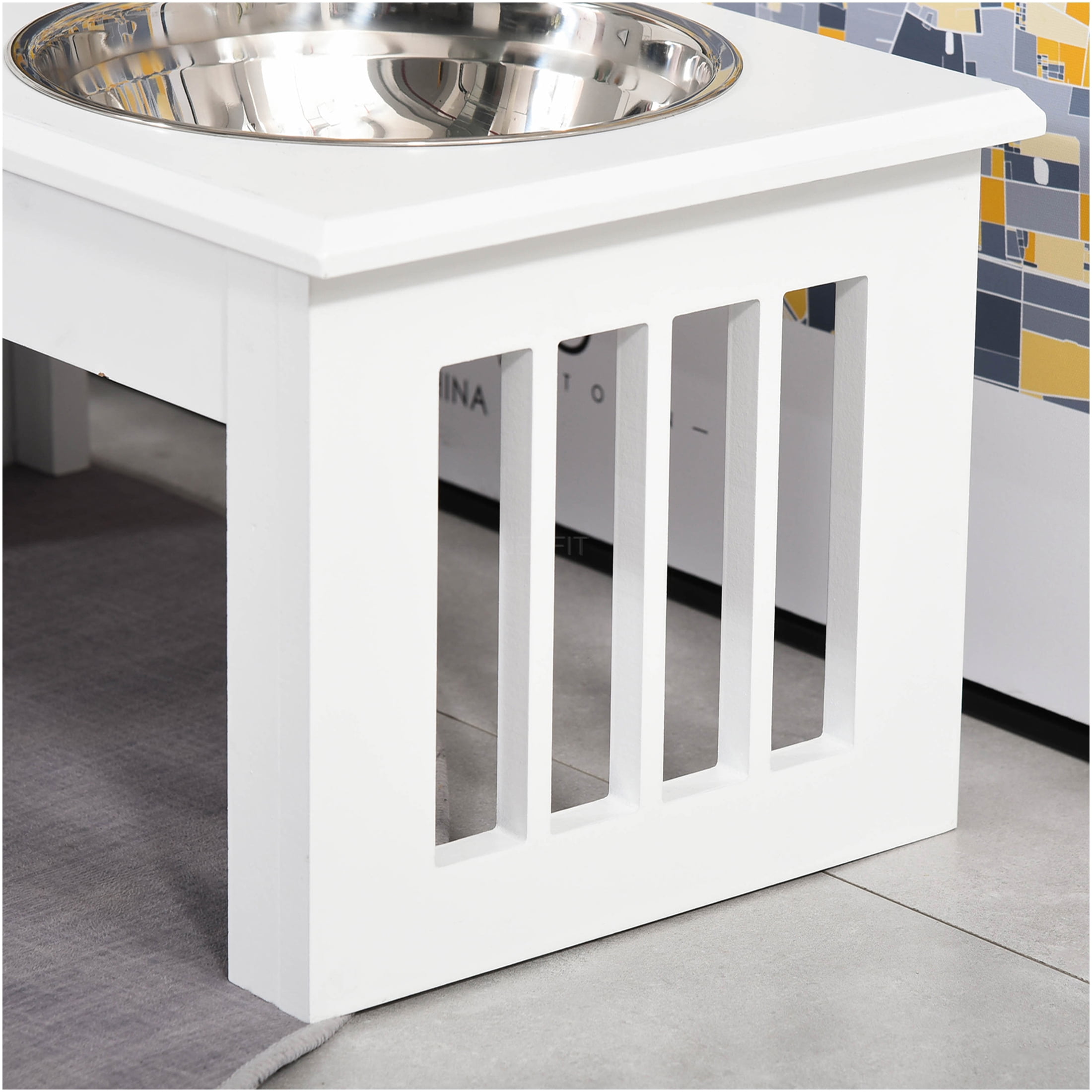 JERFIT Elevated Dog Bowl Stand with Stainless Steel Bowls, 6 Inch Height Pet Feeding Station for Messy Eaters, Anti-Slip Wooden Dog Food & Water Raised Holder in White
