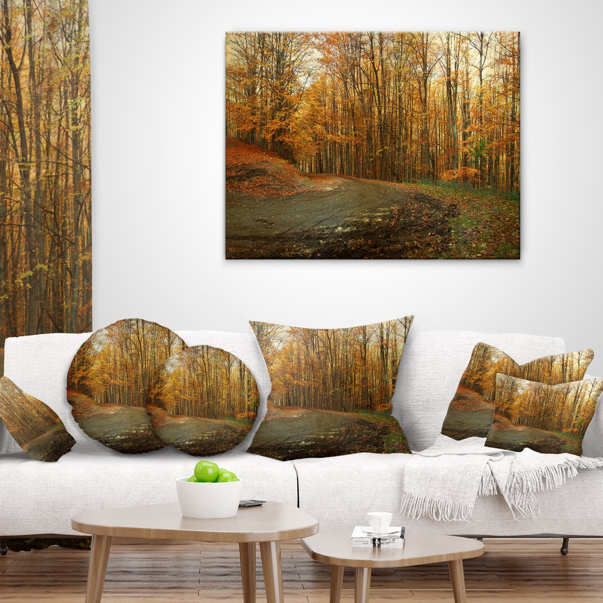 Designart Curving Road in Autumn Forest - Forest Throw Pillow - 18x18