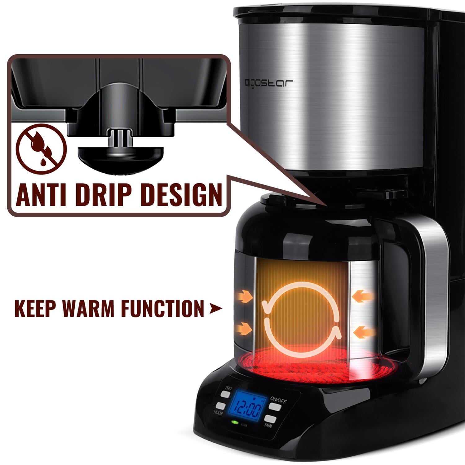 Aigostar 10 Cup Drip Coffee Maker with Glass Carafe,and Coffee Grinder  Electric, 60g/2oz Large Capacity, Coffee Bean Grinder Spice Grinder with  One