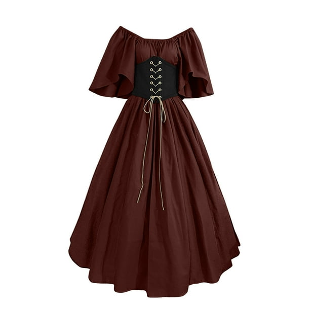 Gibobby Vestidos elegantes Disfraz medieval para mujer Vestido de camisa irlandesa con manga de trompeta con corsé Vestido tradicional Halloween Mujer M Disfraces de cosplay(Café, M)