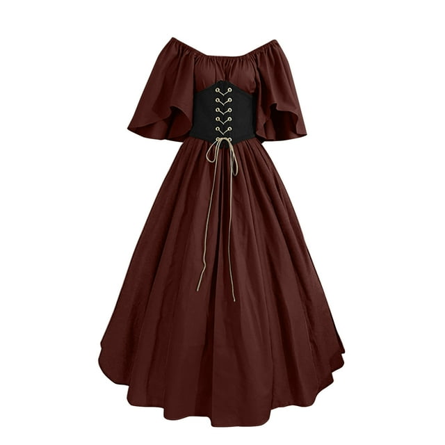 Gibobby Vestidos elegantes Disfraz medieval para mujer Vestido de camisa irlandesa con manga de trompeta con corsé Vestido tradicional Halloween Mujer M Disfraces de cosplay(Café, L)