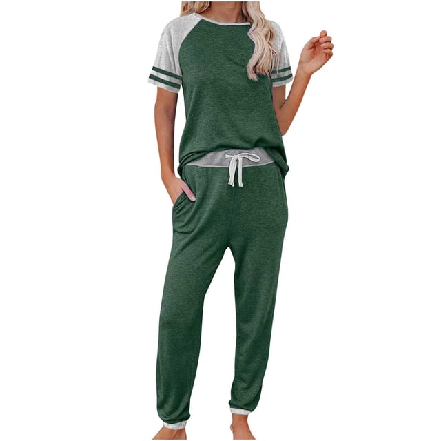 Traje de dos piezas deportivo informal de manga corta con rayas en contraste suelto a la moda para mujer Wmkox8yi bvn2725