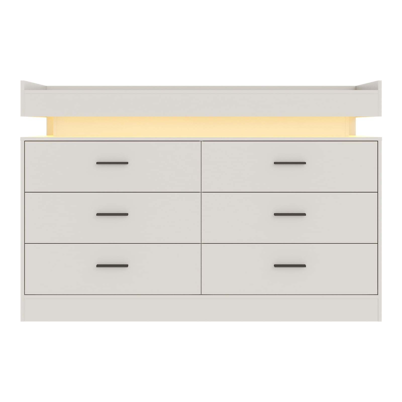 6 Drawer Double Dresser with Power Outlet, Accent Chests of Drawers with LED Light, Modern Storage Dresser with Charging Station