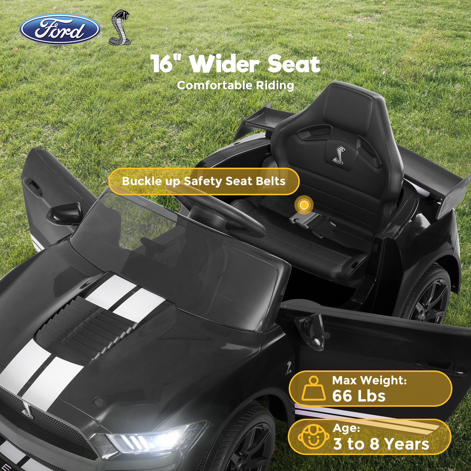 FUNTOK Licensed Ford Mustang GT500 12V 7AH Kids Electric Ride on Car Toy,16" Seater Battery Powered Car Truck with Remote Control,Bluetooth,3 Speeds,LED Headlight,Music Player & Spring Suspension