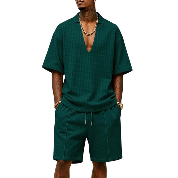 Gytharion Men's Summer Casual 2 Piece Outfits Deep-V Neck Lapel Short Sleeve Pullover Tops with Loose Drawstring Shorts Sets Fashion Classic Outfits