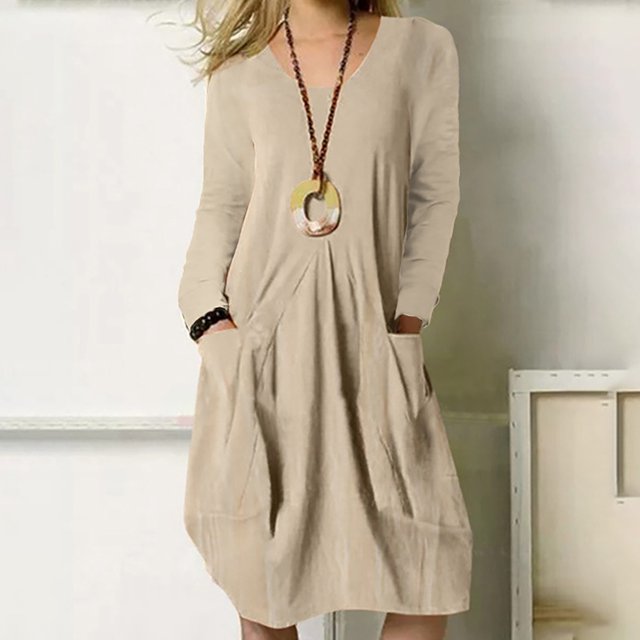Vestido De Manga Larga Vestido De Otoño De Color Puro Vestido De Mujer Frente Plisado Manga Larga Cuello Redondo Color Puro Vestido Suelto Casual Con Bolsillos Para Primavera ANGGREK Caqui S
