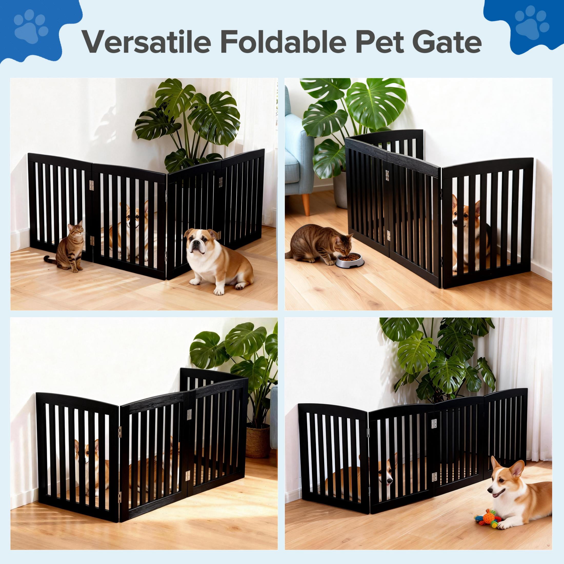 EDX 24" Height-4 Panels Wooden Pet Gate for Dogs and Cats, Foldable Freestanding Dog Gate with Hinge Design, Indoor Portable Extra Wide Dog Fence Pet Barrier, For Doorways, Stairs, Black