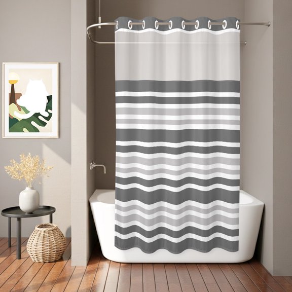 Gray Gradient Shower Curtain, Stripe Abstract Minimalist Modern Art Waterproof No Hooks Bath Shower Curtain with See Through Top Window for Bathroom Bathtub 36x78in