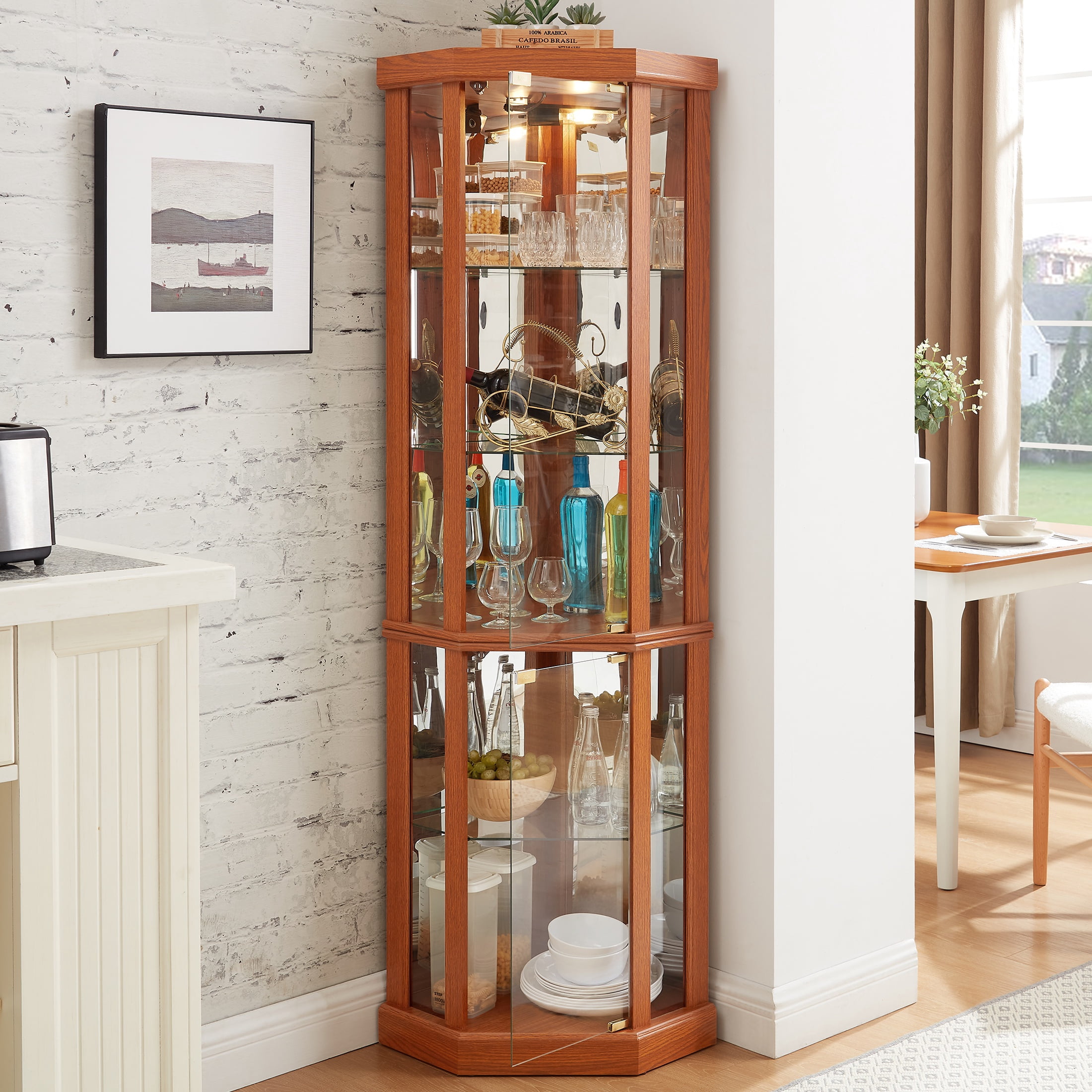 PORKISS Lighted 3-Side Glass Display Curio Cabinet with Tempered Glass Doors and Shelves, China Cabinet Wood Corner Cabinet with Bulb, Corner Curio Storage Rack for Bar, Liquor Storage, Dark Oak