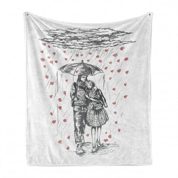 Love Soft Flannel Fleece Blanket, Couple Walking Under Heart Shape Rain Drops with and Umbrella Adornment, Cozy Plush for Indoor and Outdoor Use, 50" x 70", Charcoal Grey and White, by Ambesonne