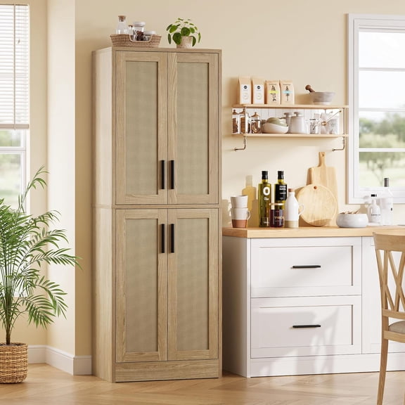 Pantry - Kitchen Pantry Cabinet, Tall Storage Rattan Cabinet with 4 Doors and Adjustable Shelves, Linen Closet Freestanding Cupboard for Dining Room Living Room, Laundry, Bathroom