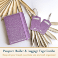 thumbnail image 2 of ComfiTime Passport Holder and Luggage Tags Set – RFID Passport Wallet/Cover with Vaccine Card Holder and Credit Card Slots, PU Leather Travel Tags for Suitcases and Bags, TSA Approved, Glitter Purple, 2 of 14