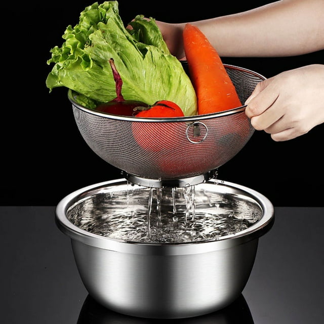WIFKLSIIPG 2PC Stainless Steel Microporous Colander 2 Large Capacity with Mixing Bowl for Washing Vegetables Fruit and Rice and for Draining Cooked Pasta. (2PC)