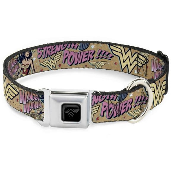 DC Comics Pet Collar, Dog Collar Metal Seatbelt Buckle, Wonder Woman Strength Power, 15 to 24 Inches 1.0 Inch Wide