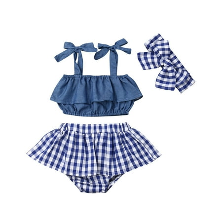 

Puloru Girl 3 Piece Outfit Sling Ruffle Crop Tops + Plaid Shorts + Headband