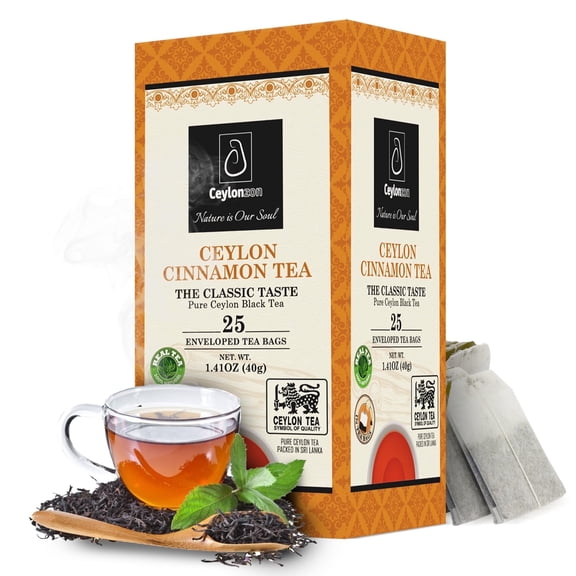 Ceylonzon Premium Cinnamon Black Tea, Classic Taste, Foil-Wrapped Tea Bags, 25 Count, 40g