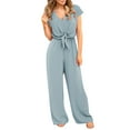 thumbnail image 2 of Jumpsuit Women Summer V Neck Lace Up Short Sleeve Rompers Jumpsuit Playsuit,Blue Women'S Polyester Jumpsuit M, 2 of 7